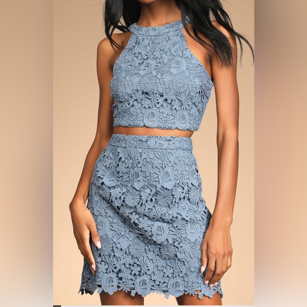 Lulus Loveliest Romance Blue Crochet Lace Halter Two-Piece Set